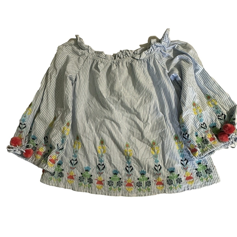 Crown & Ivy Off Shoulder Embroidered Peasant Top Medium Blue Stripe Boho Pom Pom